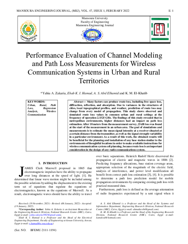 (PDF) Performance Evaluation of Channel Modeling and Path Loss ...