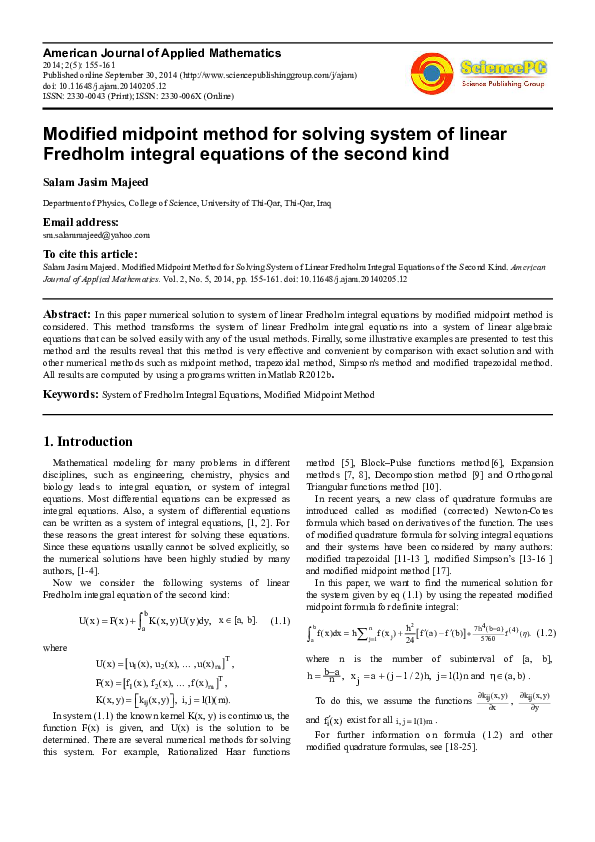 (PDF) Modified Midpoint Method for Solving System of Linear Fredholm ...