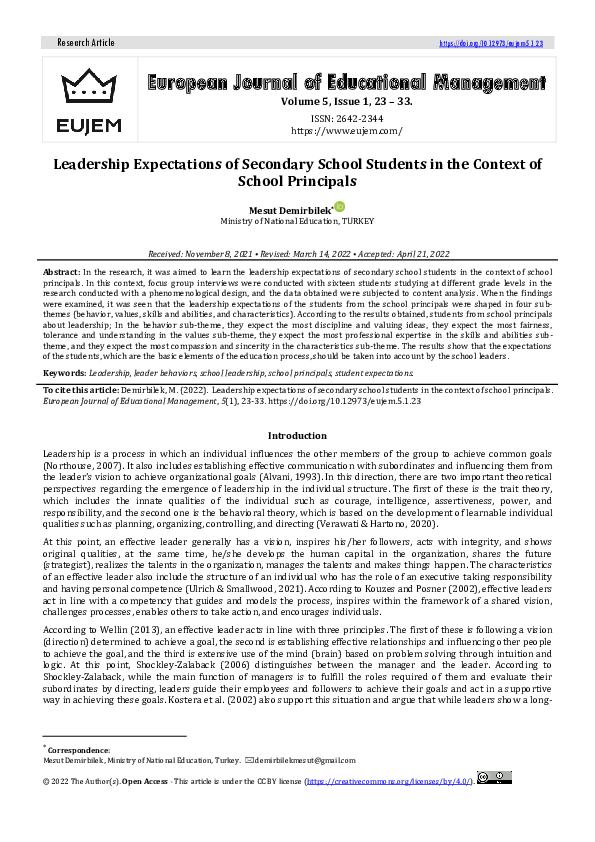 (PDF) Leadership Expectations of Secondary School Students in the ...