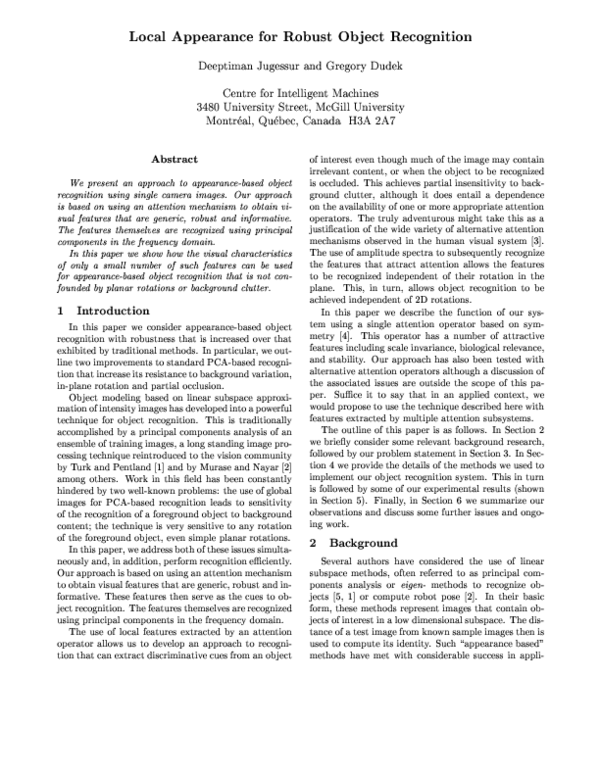 (PDF) Local appearance for robust object recognition