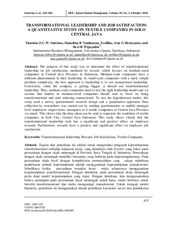 (PDF) Transformational Leadership and Job Satisfaction
