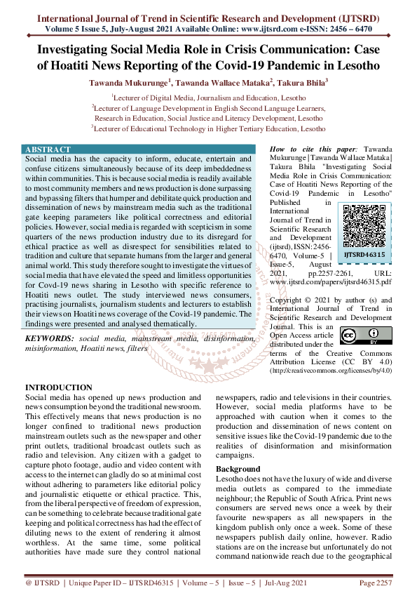 (PDF) Investigating Social Media Role in Crisis Communication Case of ...