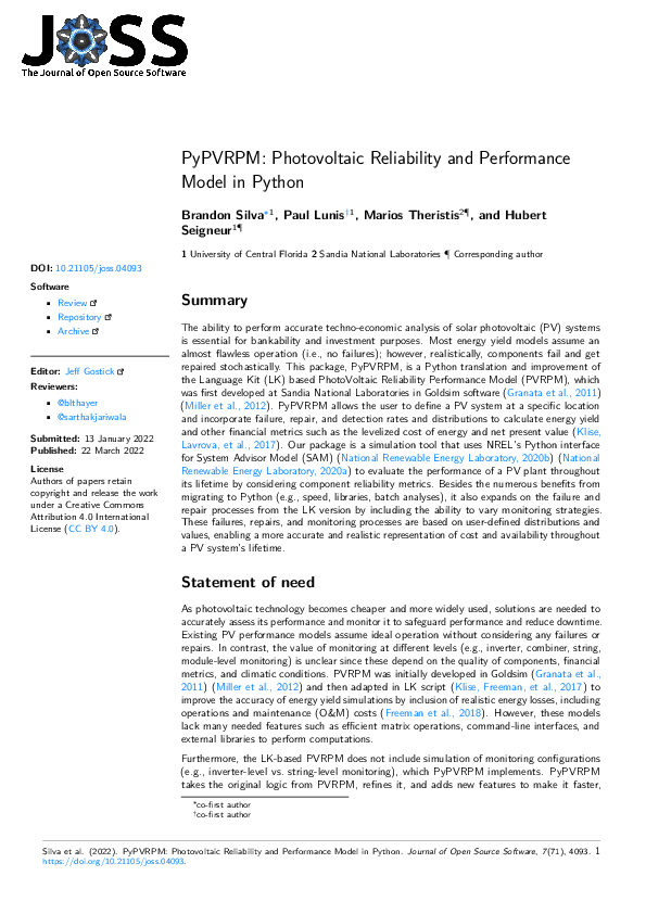 (PDF) PyPVRPM: Photovoltaic Reliability and Performance Model in Python