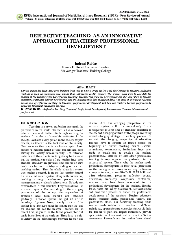 (PDF) Reflective Teaching: As an Innovative Approach in Teachers ...