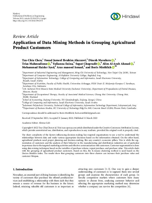 (PDF) Application of Data Mining Methods in Grouping Agricultural ...