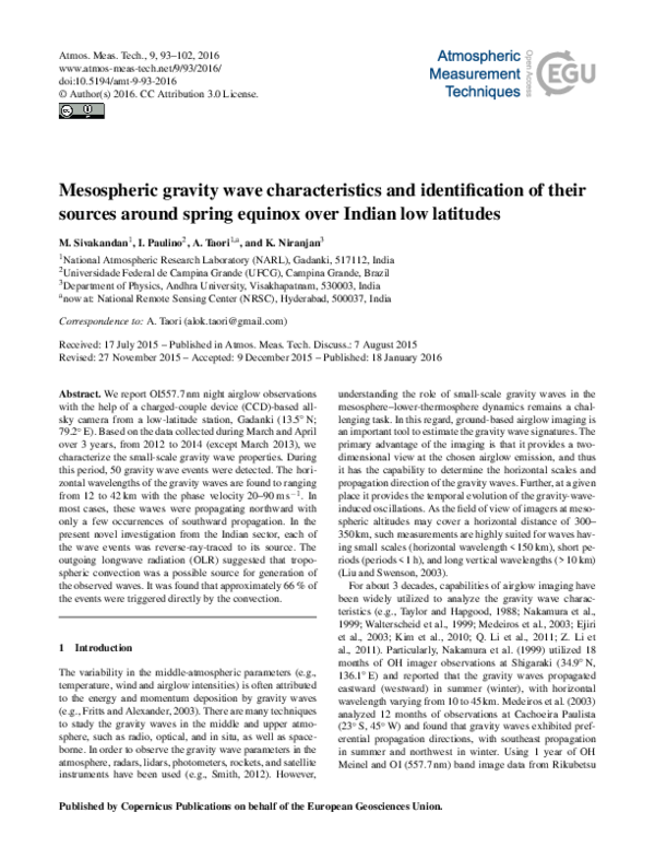(PDF) Mesospheric gravity wave characteristics and identification of ...