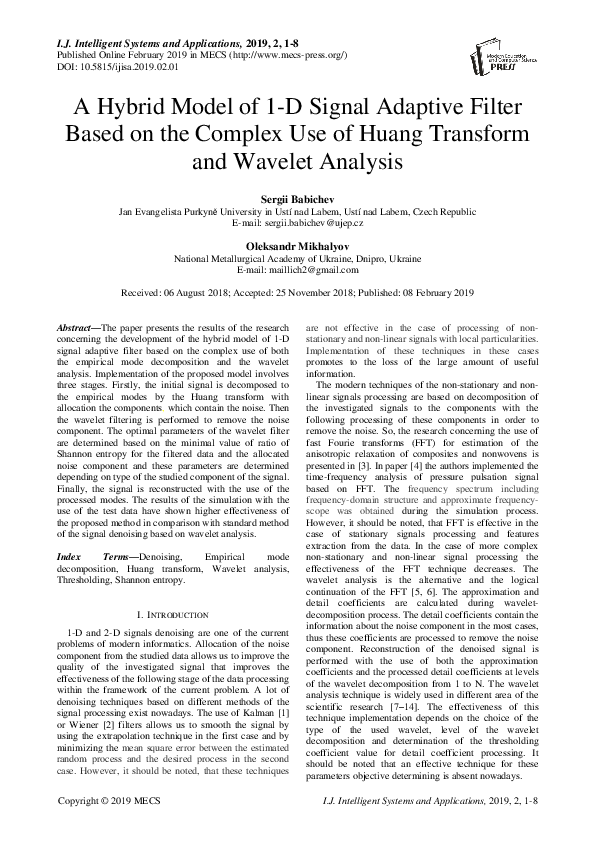 (PDF) A Hybrid Model of 1-D Signal Adaptive Filter Based on the Complex ...
