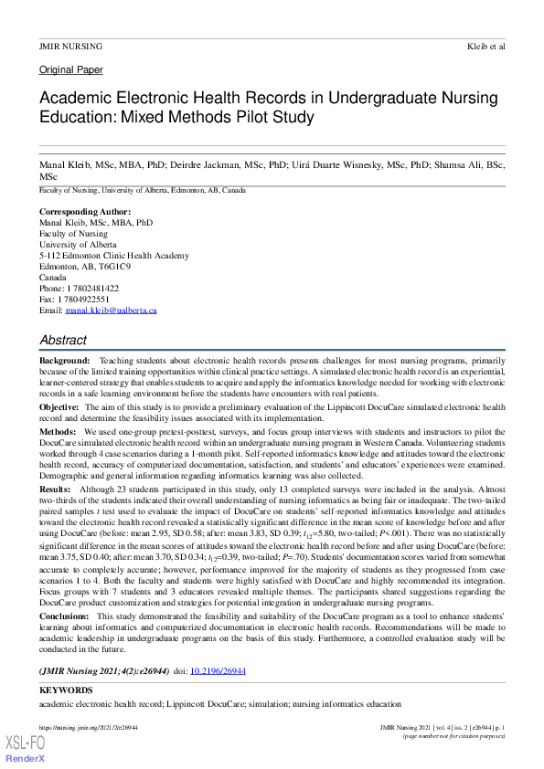 (PDF) Academic Electronic Health Records in Undergraduate Nursing ...