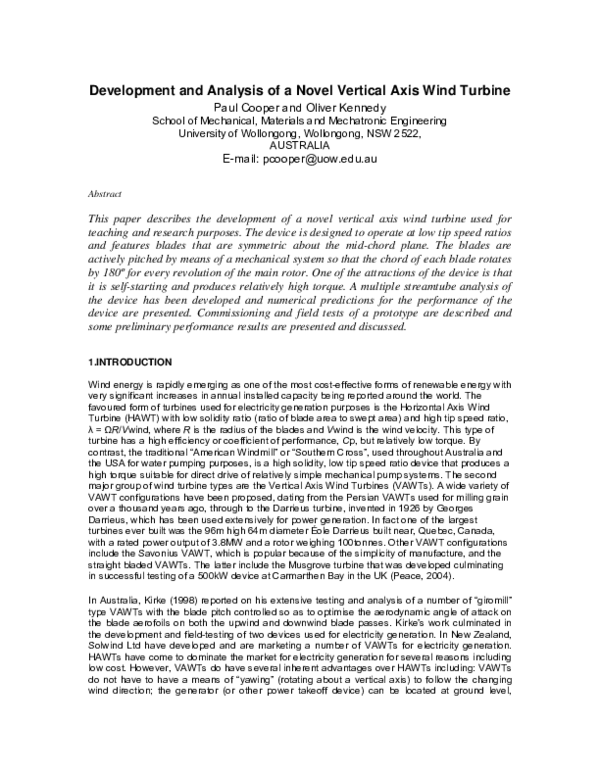 (PDF) Development and analysis of a novel vertical axis wind turbine