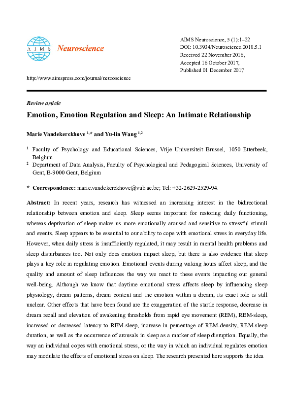 (PDF) Emotion, Emotion Regulation and Sleep: An Intimate Relationship