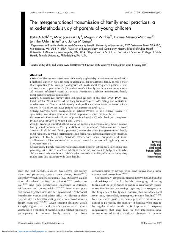 (PDF) The intergenerational transmission of family meal practices: a ...