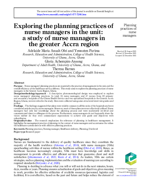 (PDF) Exploring the planning practices of nurse managers in the unit: a ...