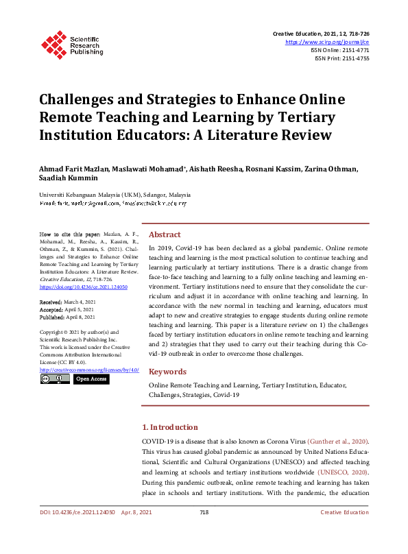 (PDF) Challenges and Strategies to Enhance Online Remote Teaching and ...