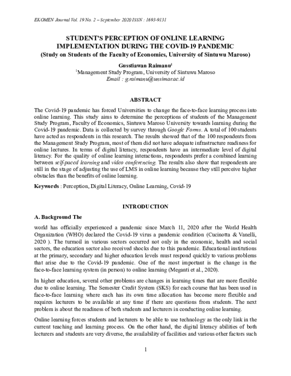 (PDF) Student's Perception of Online Learning Implementation During the ...