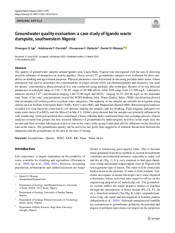 (PDF) Groundwater quality evaluation: a case study of Igando waste ...
