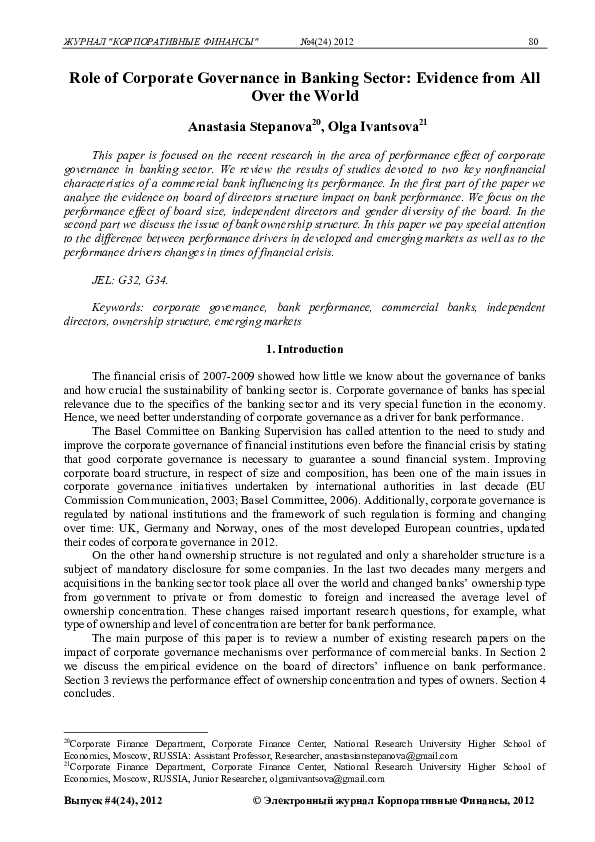 (PDF) Role of Corporate Governance in Banking Sector: Evidence from All ...