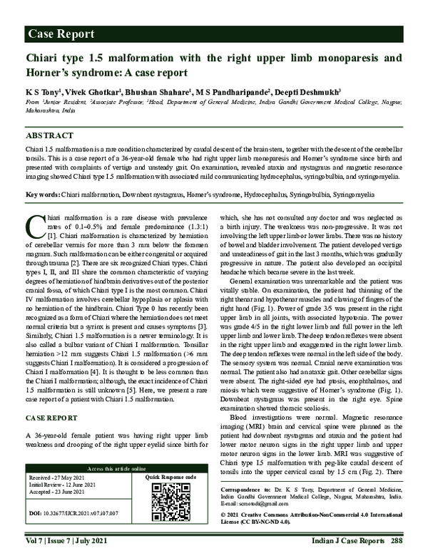 (PDF) Chiari type 1.5 malformation with the right upper limb ...