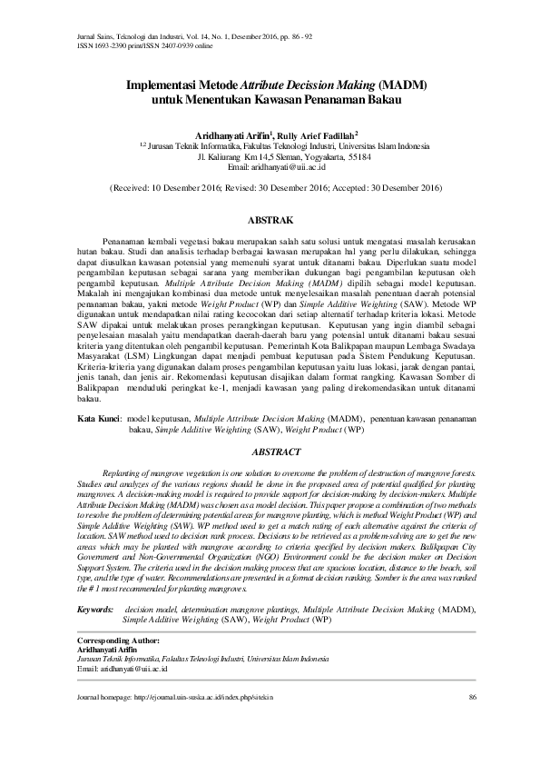 (PDF) Implementasi Metode Attribute Decission Making (Madm) Untuk ...