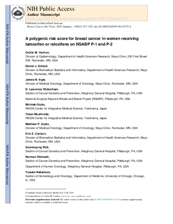 (PDF) A polygenic risk score for breast cancer in women receiving ...