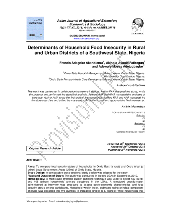 (PDF) Determinants of Household Food Insecurity in Rural and Urban ...