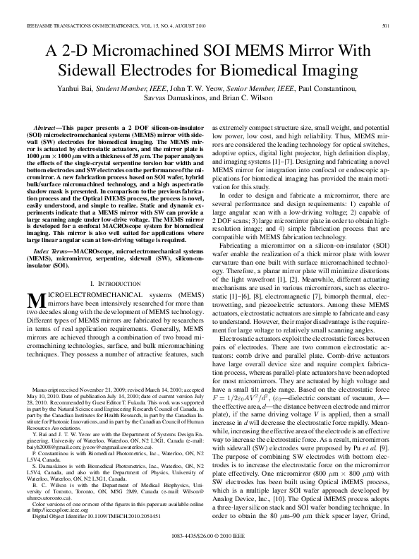 (PDF) A 2-D Micromachined SOI MEMS Mirror With Sidewall Electrodes for ...