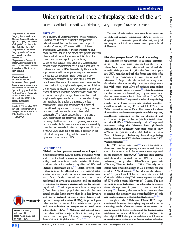 (PDF) Unicompartmental knee arthroplasty: state of the art and future ...