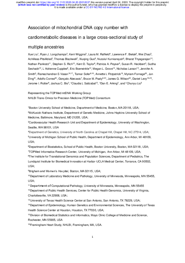 (PDF) Association of mitochondrial DNA copy number with cardiometabolic ...