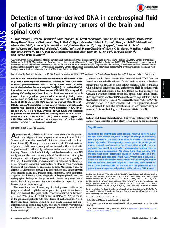 (PDF) Detection of Tumor-derived DNA in Cerebrospinal Fluid