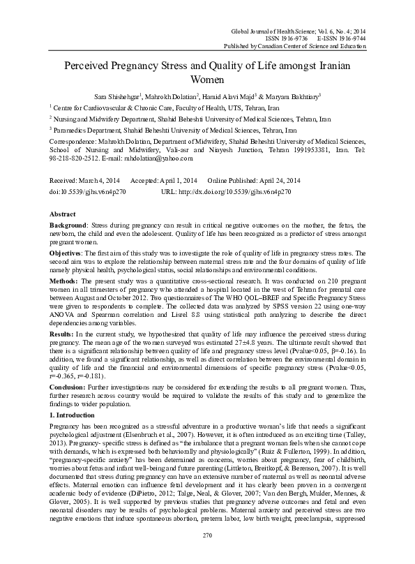 (PDF) Perceived Pregnancy Stress and Quality of Life amongst Iranian Women