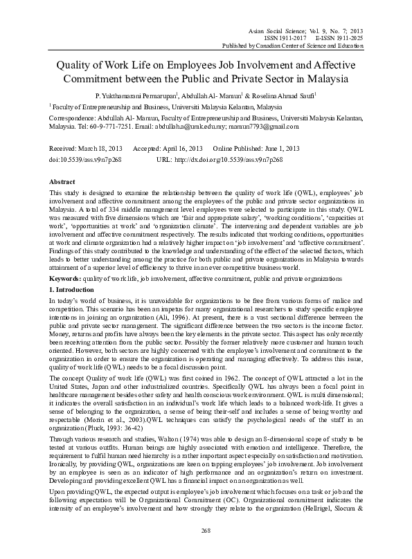 (PDF) Quality of Work Life on Employees Job Involvement and Affective ...