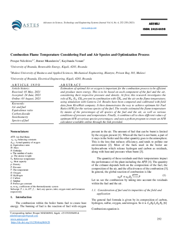 (PDF) Combustion Flame Temperature Considering Fuel and Air Species and