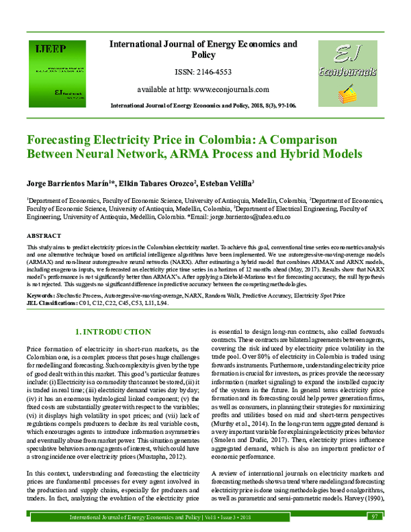 (PDF) Forecasting electricity price in Colombia: A comparison between ...