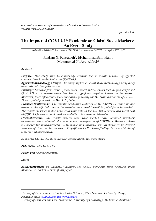 (PDF) The Impact of COVID-19 Pandemic on Global Stock Markets: An Event ...