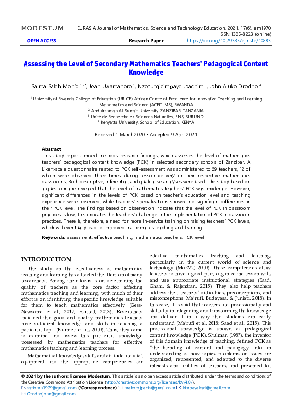 (PDF) Assessing the Level of Secondary Mathematics Teachers ...