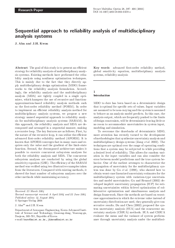 (PDF) Sequential approach to reliability analysis of multidisciplinary ...