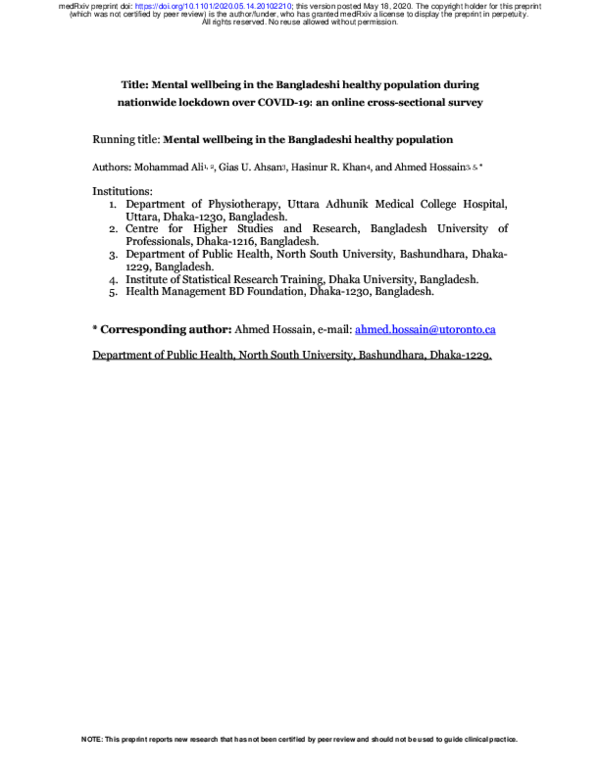 (PDF) Mental wellbeing in the Bangladeshi healthy population during ...