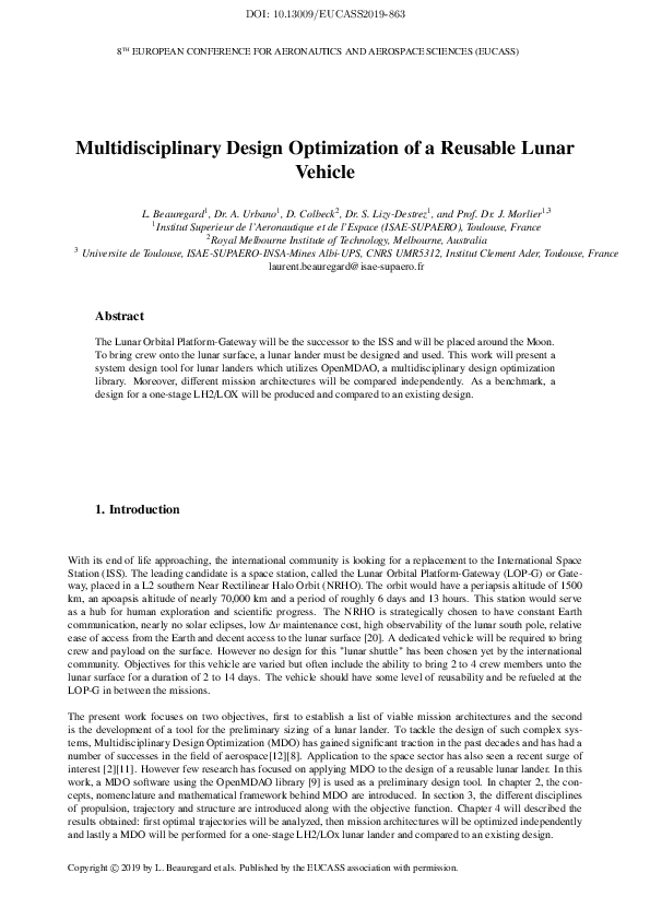 (PDF) Multidisciplinary Design Optimization of a Reusable Lunar Vehicle