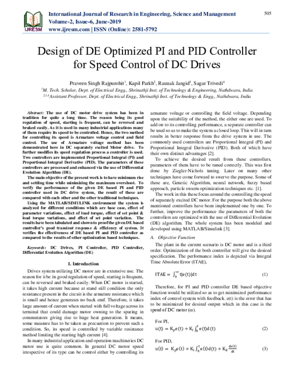 (PDF) Design of DE Optimized PI and PID Controller for Speed Control of ...