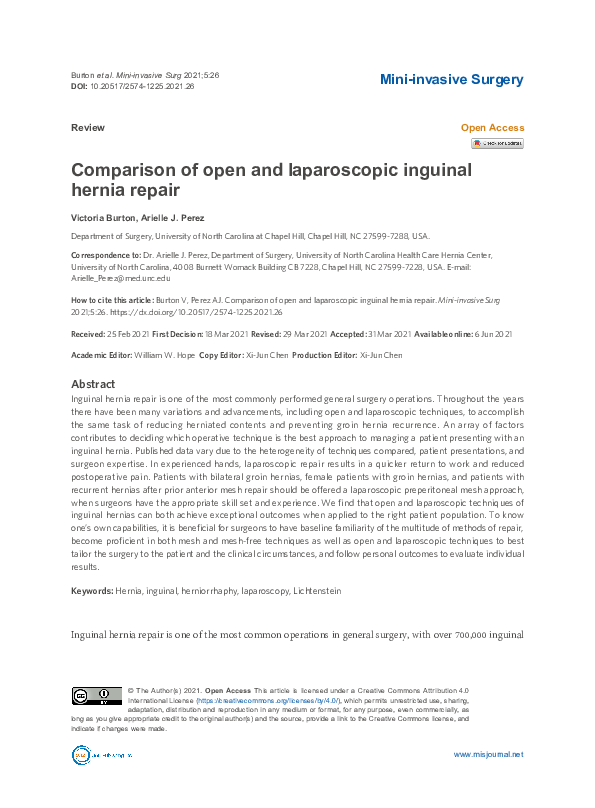 (PDF) Comparison of open and laparoscopic inguinal hernia repair