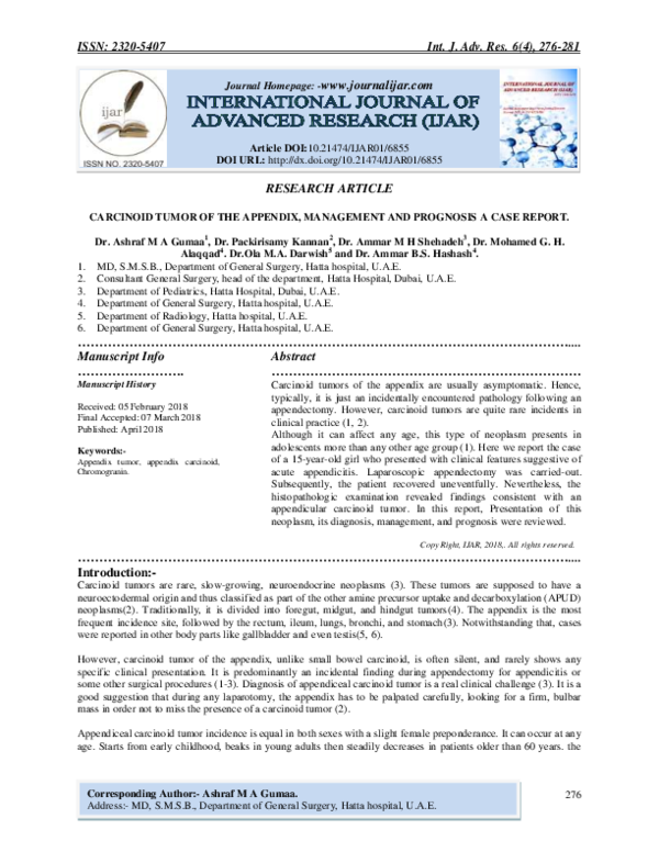 (PDF) Carcinoid Tumor of the Appendix, Management and Prognosis a Case ...