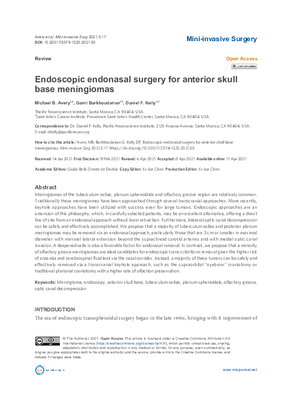 (PDF) Endoscopic endonasal surgery for anterior skull base meningiomas