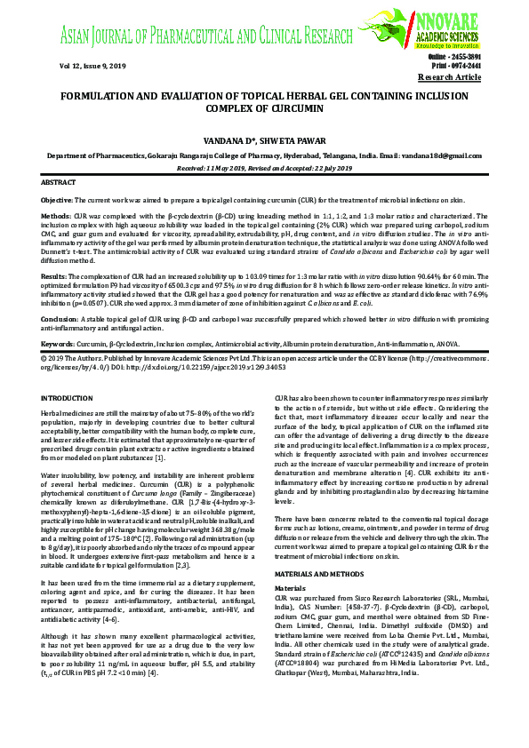 (PDF) Formulation and Evaluation of Topical Herbal Gel Containing ...
