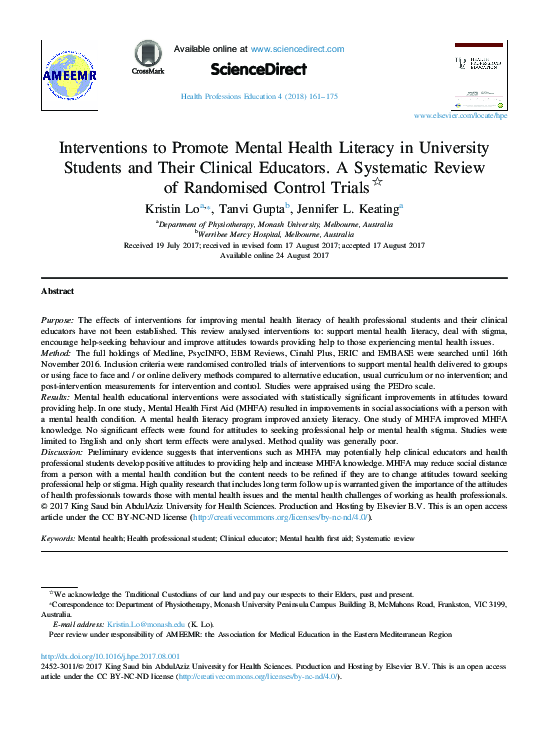(PDF) Interventions to Promote Mental Health Literacy in University ...