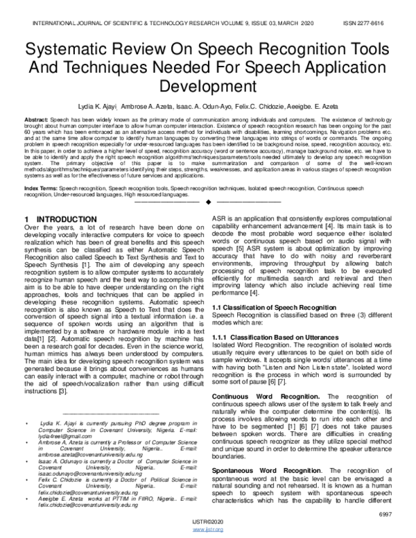 (PDF) Systematic Review On Speech Recognition Tools And Techniques ...