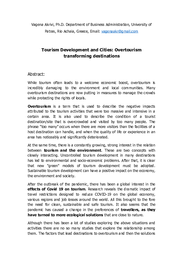 (DOC) Tourism Development and Cities: Overtourism transforming destinations