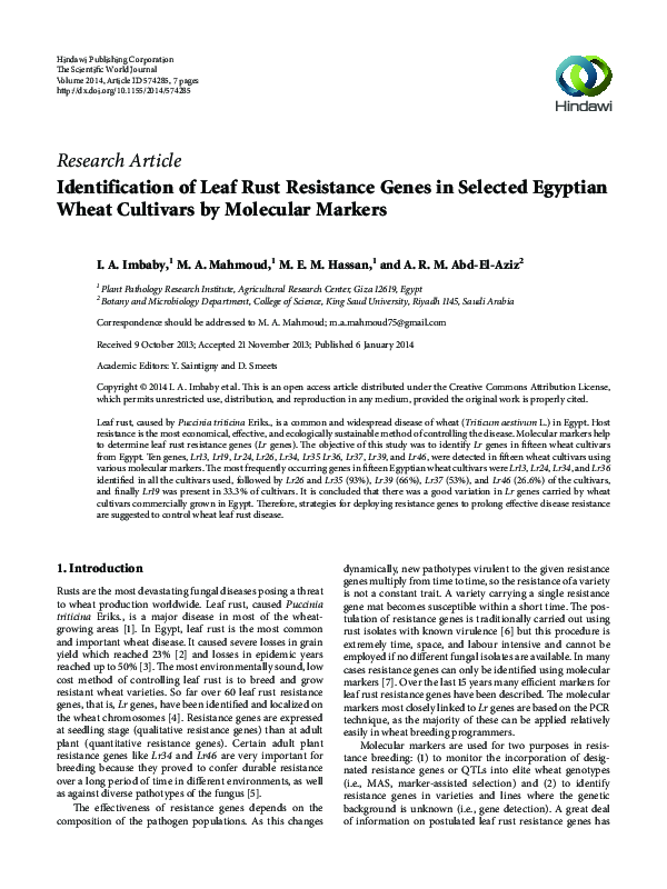 (PDF) Identification of Leaf Rust Resistance Genes in Selected Wheat ...
