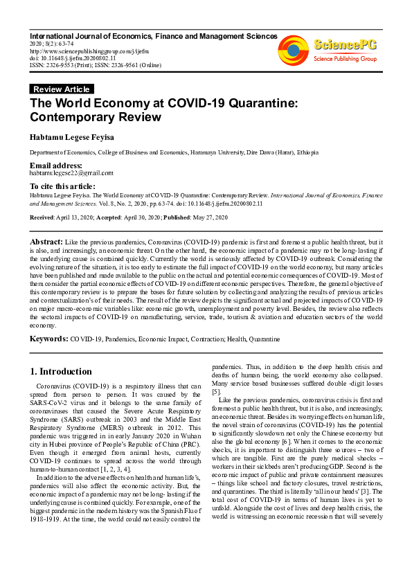 (PDF) The World Economy at COVID-19 Quarantine: Contemporary Review