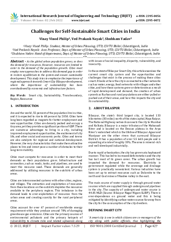(PDF) Challenges for Self-Sustainable Smart Cities in India