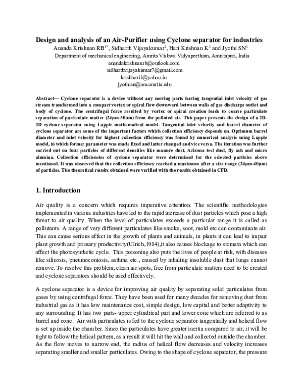 (PDF) Design and Analysis of an Air-Purifier Using Cyclone Separator ...