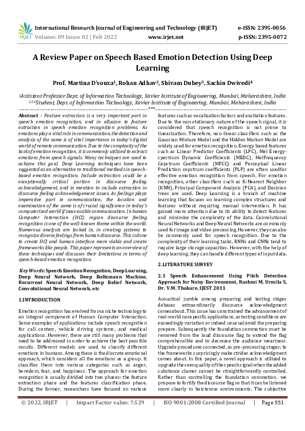 (PDF) A Review Paper on Speech Based Emotion Detection Using Deep Learning
